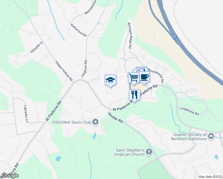 map of restaurants, bars, coffee shops, grocery stores, and more near 12250 Roundwood Road in Lutherville-Timonium
