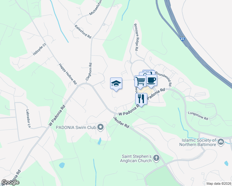 map of restaurants, bars, coffee shops, grocery stores, and more near 12250 Roundwood Road in Lutherville-Timonium