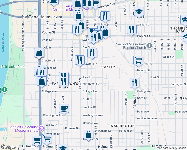 map of restaurants, bars, coffee shops, grocery stores, and more near 829 Park Street in Terre Haute