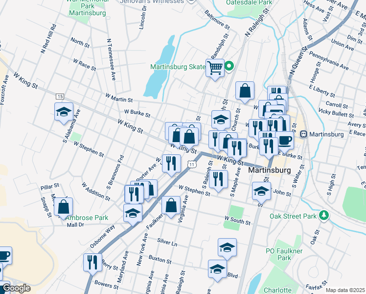 map of restaurants, bars, coffee shops, grocery stores, and more near 604 County Route 15 in Martinsburg