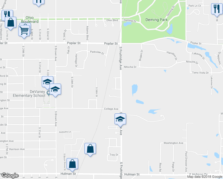 map of restaurants, bars, coffee shops, grocery stores, and more near 53 Pear Tree Lane in Terre Haute