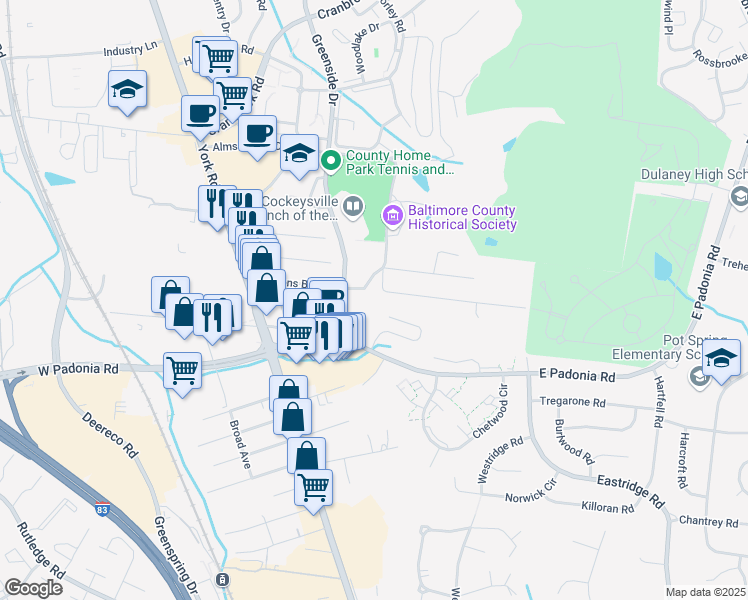 map of restaurants, bars, coffee shops, grocery stores, and more near 101 Gibbons Boulevard in Cockeysville