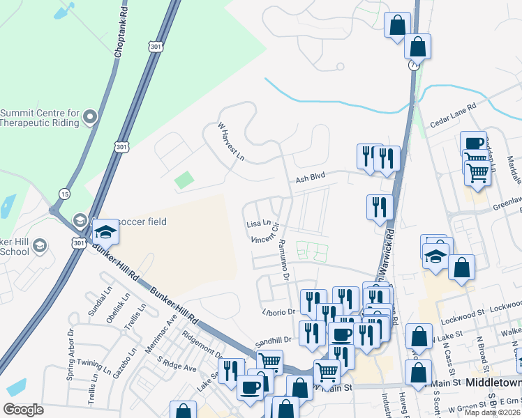 map of restaurants, bars, coffee shops, grocery stores, and more near 523 Sally Lane in Middletown