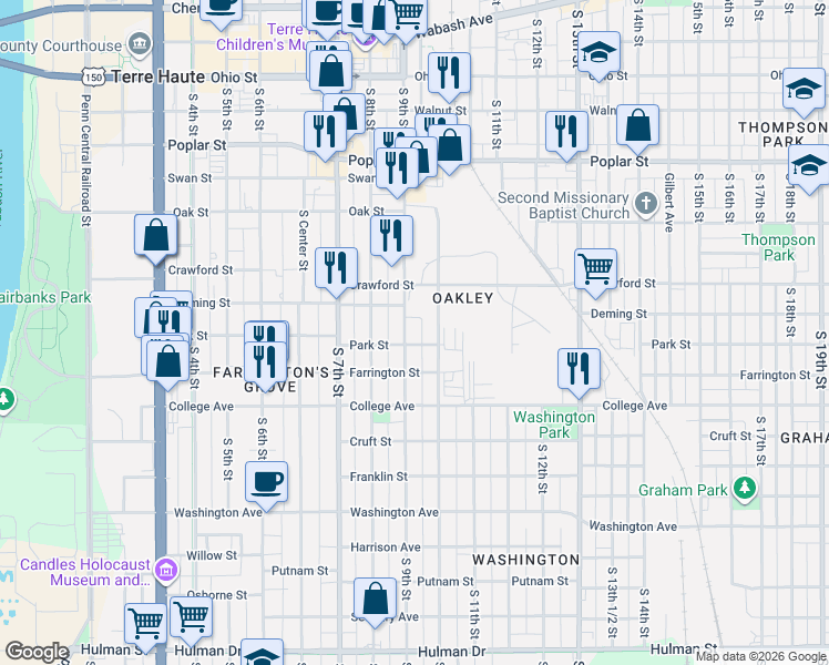 map of restaurants, bars, coffee shops, grocery stores, and more near 930 Park Street in Terre Haute