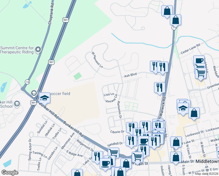 map of restaurants, bars, coffee shops, grocery stores, and more near 523 Sally Lane in Middletown