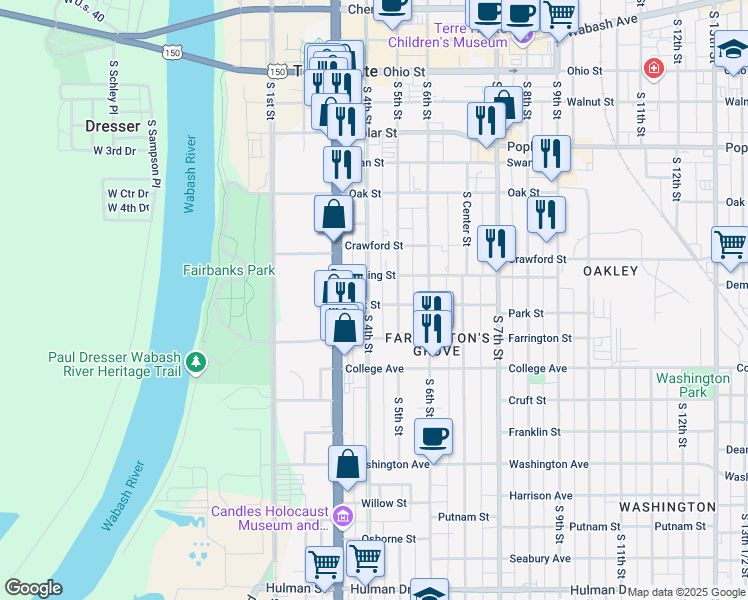map of restaurants, bars, coffee shops, grocery stores, and more near 830 South 4th Street in Terre Haute