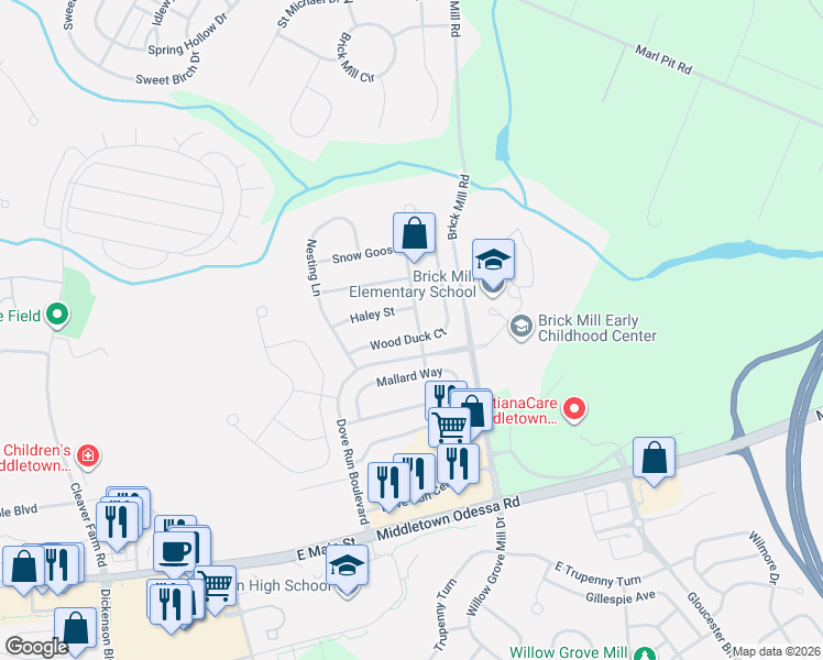map of restaurants, bars, coffee shops, grocery stores, and more near 713 Wood Duck Court in Middletown