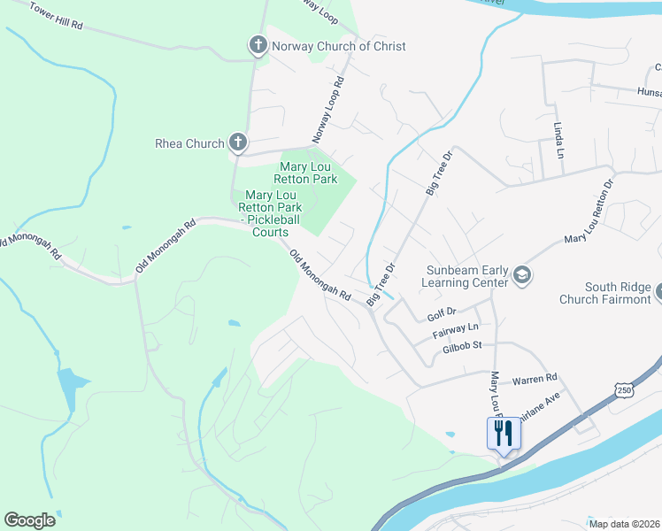 map of restaurants, bars, coffee shops, grocery stores, and more near 1802 Dogwood Drive in Fairmont