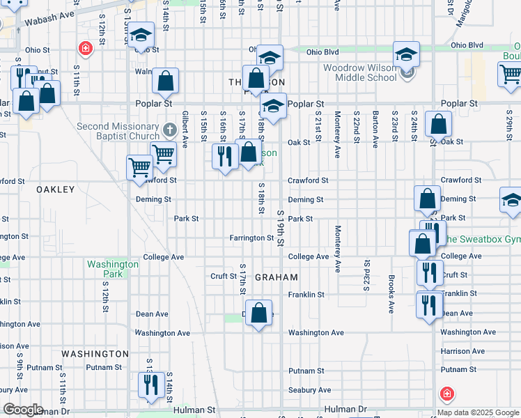 map of restaurants, bars, coffee shops, grocery stores, and more near 830 South 17th Street in Terre Haute