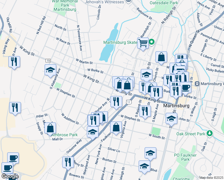 map of restaurants, bars, coffee shops, grocery stores, and more near 85 Porter Avenue in Martinsburg