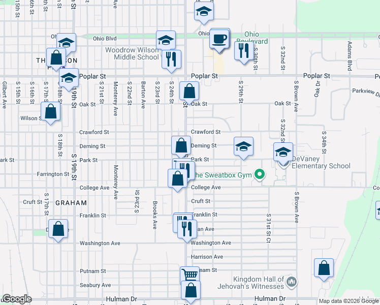 map of restaurants, bars, coffee shops, grocery stores, and more near 2626 Park Street in Terre Haute
