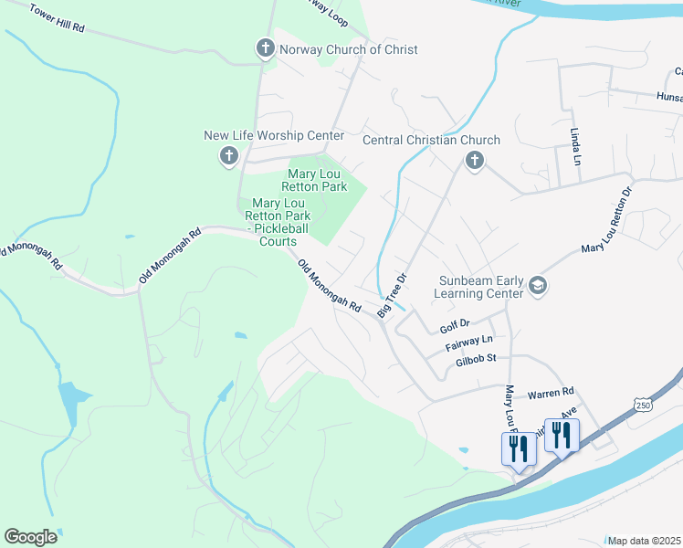 map of restaurants, bars, coffee shops, grocery stores, and more near 1 Birch Drive in Fairmont