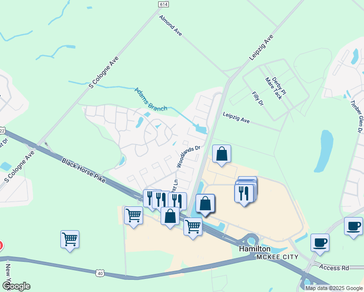 map of restaurants, bars, coffee shops, grocery stores, and more near 2718 Goldenrod Court in Hamilton