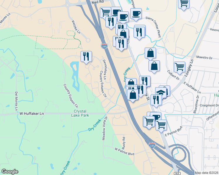 map of restaurants, bars, coffee shops, grocery stores, and more near 7677 Barnsdale Road in Reno