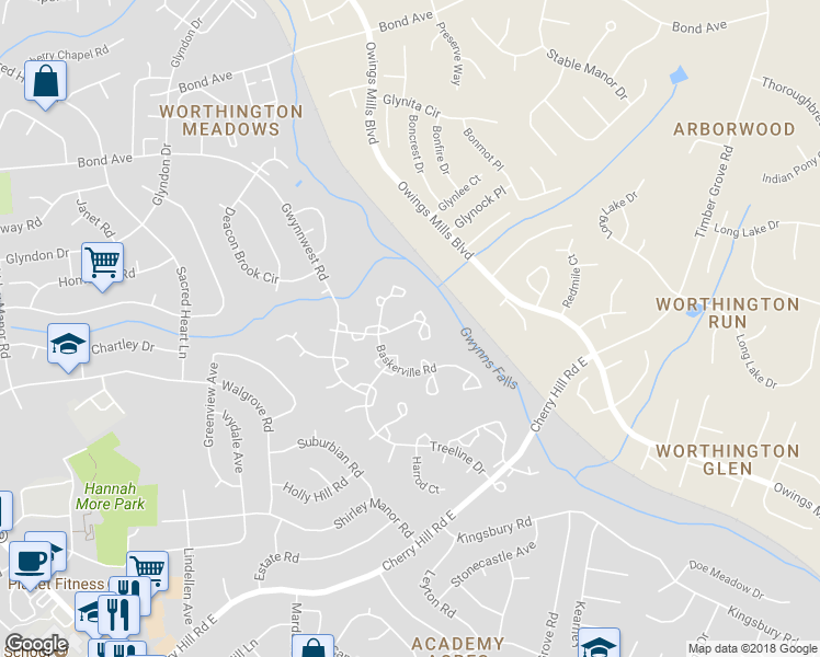 map of restaurants, bars, coffee shops, grocery stores, and more near 731 Brickston Road in Reisterstown
