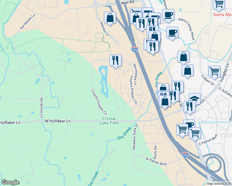 map of restaurants, bars, coffee shops, grocery stores, and more near 7545 Whimbleton Way in Reno