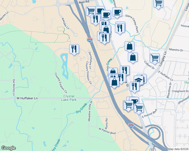 map of restaurants, bars, coffee shops, grocery stores, and more near 7677 Barnsdale Road in Reno