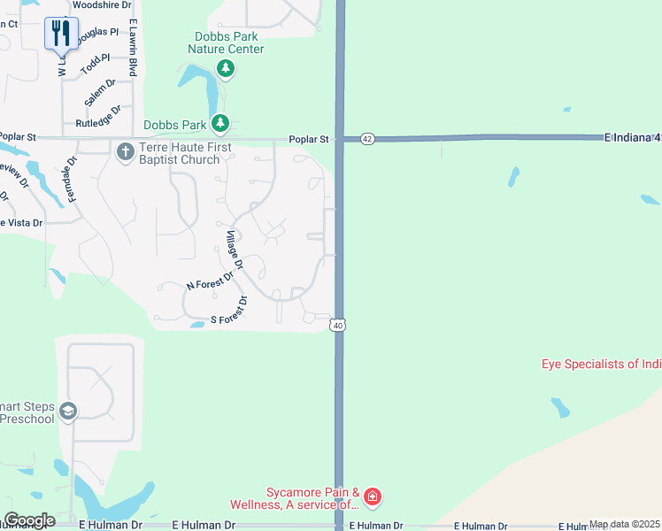 map of restaurants, bars, coffee shops, grocery stores, and more near 100 Village Drive in Terre Haute
