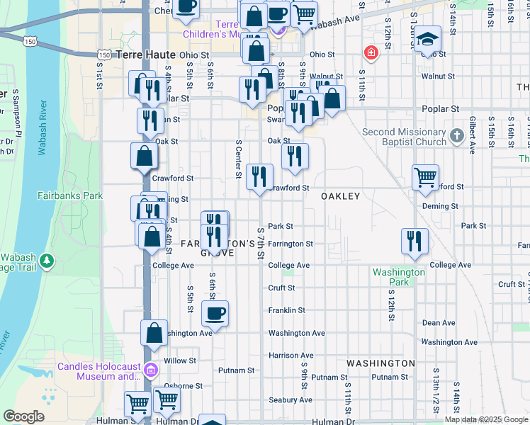 map of restaurants, bars, coffee shops, grocery stores, and more near 818 South 7th Street in Terre Haute