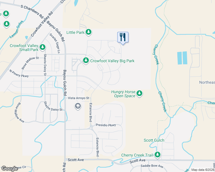 map of restaurants, bars, coffee shops, grocery stores, and more near Cherry Creek Trail in Parker