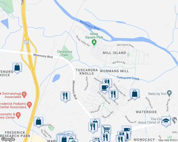 map of restaurants, bars, coffee shops, grocery stores, and more near 819 Jubal Way in Frederick