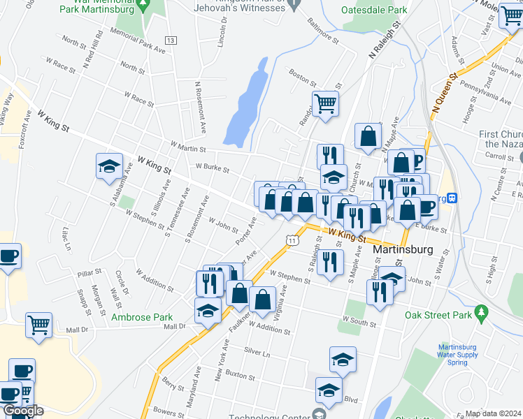 map of restaurants, bars, coffee shops, grocery stores, and more near 706 West King Street in Martinsburg