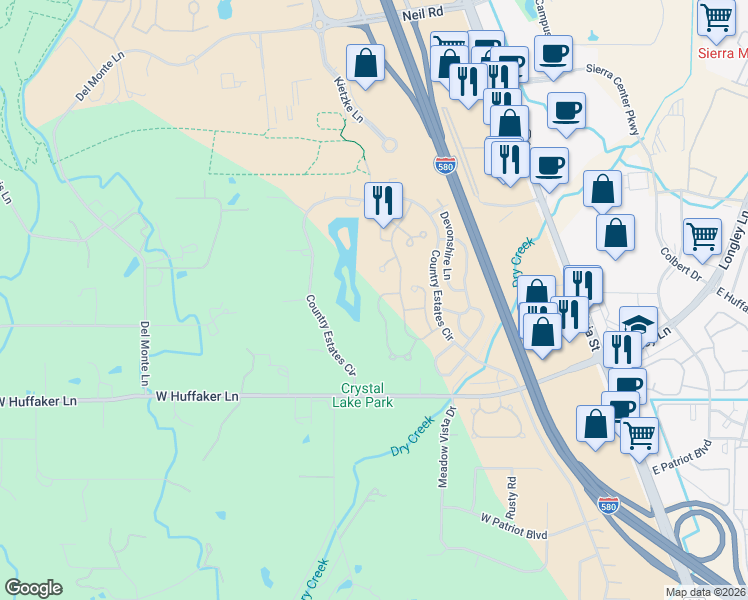 map of restaurants, bars, coffee shops, grocery stores, and more near 7545 Whimbleton Way in Reno