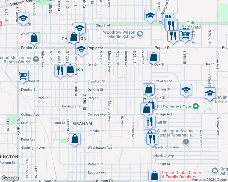 map of restaurants, bars, coffee shops, grocery stores, and more near 2147 Deming Street in Terre Haute