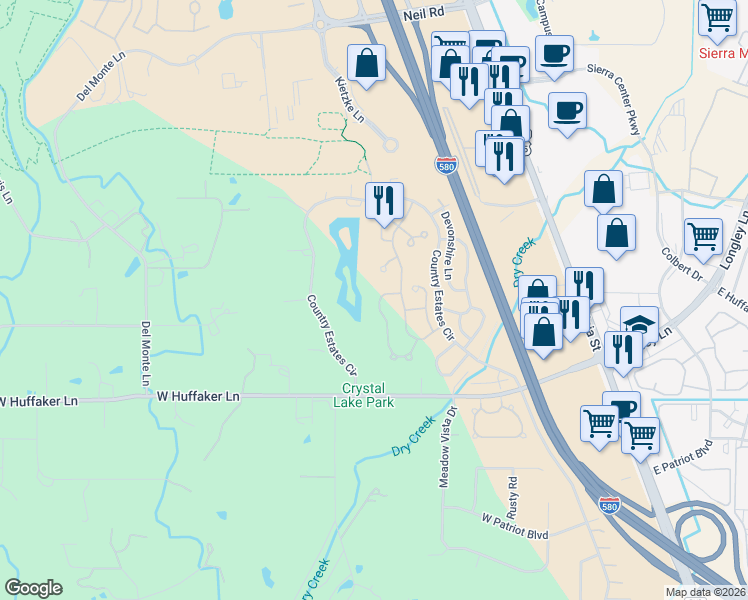 map of restaurants, bars, coffee shops, grocery stores, and more near 7545 Whimbleton Way in Reno