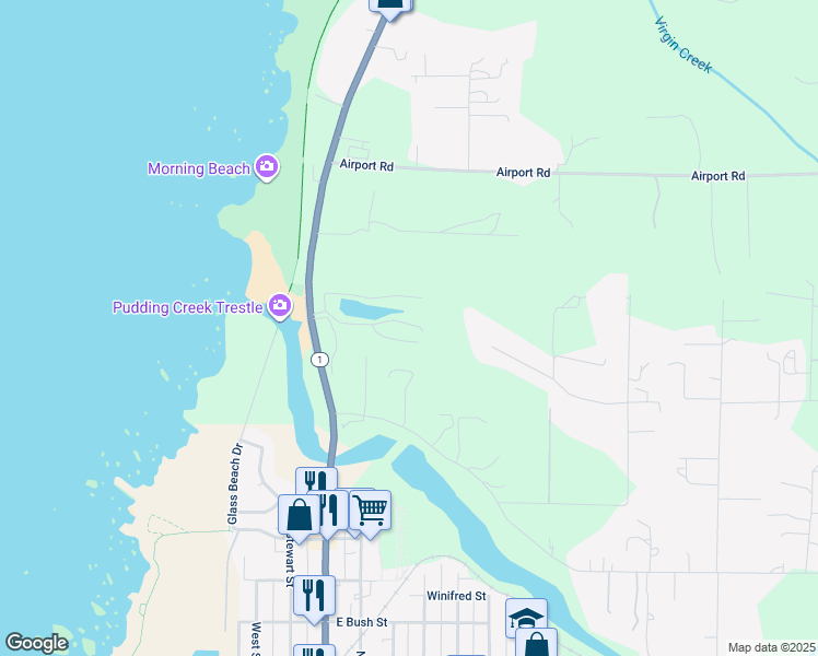 map of restaurants, bars, coffee shops, grocery stores, and more near 1184 North Main Street in Fort Bragg