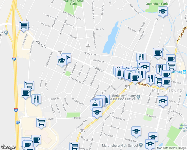 map of restaurants, bars, coffee shops, grocery stores, and more near 229 South Rosemont Avenue in Martinsburg