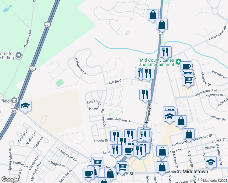 map of restaurants, bars, coffee shops, grocery stores, and more near 410 North Ramunno Drive in Middletown