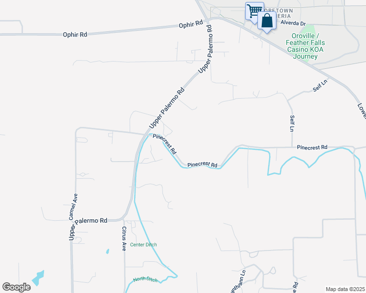 map of restaurants, bars, coffee shops, grocery stores, and more near 2539 Pinecrest Road in Oroville