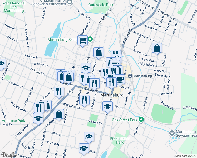 map of restaurants, bars, coffee shops, grocery stores, and more near 106 South Maple Avenue in Martinsburg