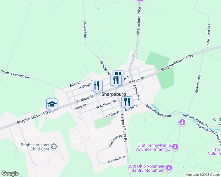 map of restaurants, bars, coffee shops, grocery stores, and more near 109 West Main Street in Sharpsburg