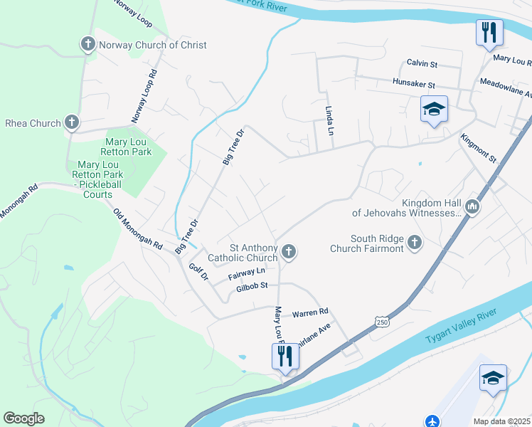 map of restaurants, bars, coffee shops, grocery stores, and more near 123 White Avenue in Fairmont