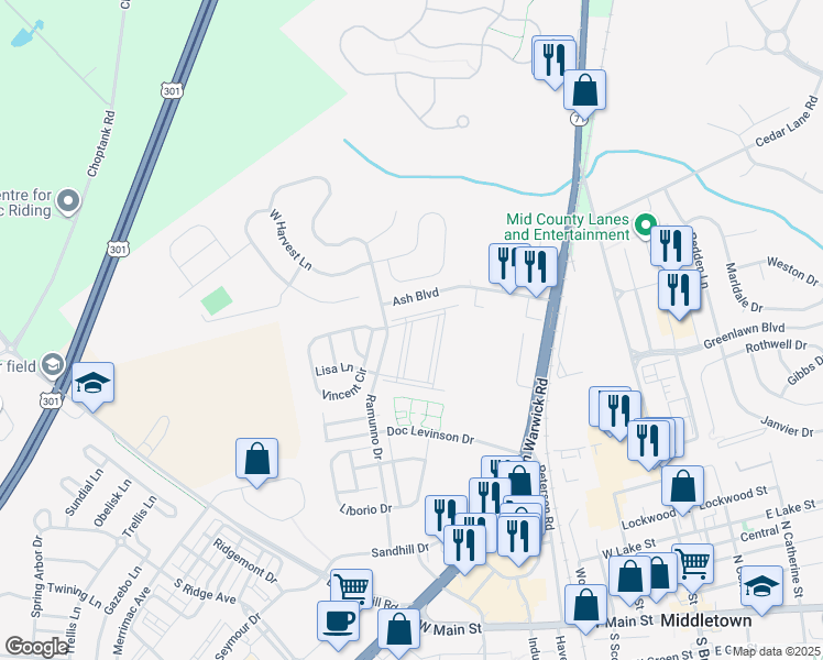 map of restaurants, bars, coffee shops, grocery stores, and more near 360 East Harvest Lane in Middletown