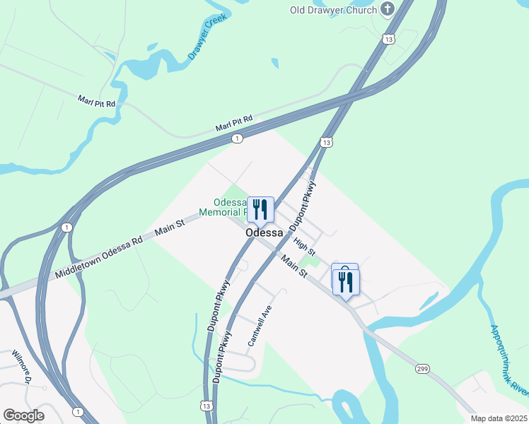 map of restaurants, bars, coffee shops, grocery stores, and more near 201 Mechanic Street in Odessa
