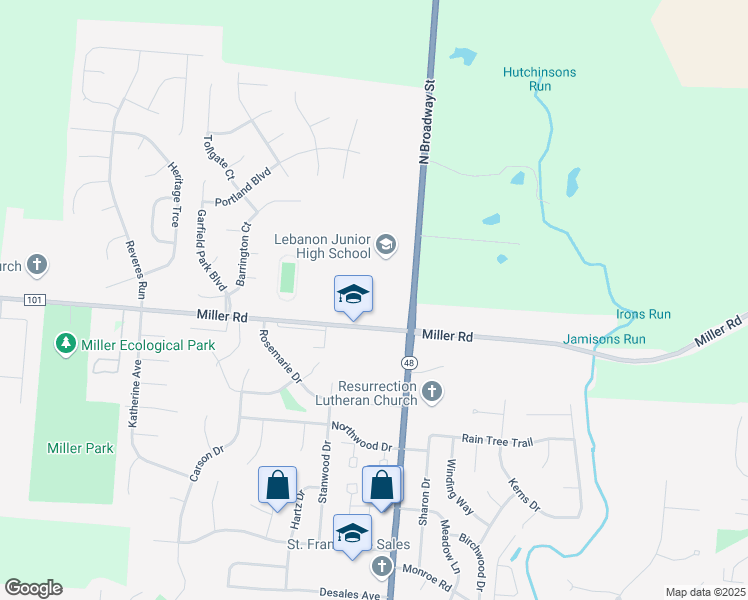 map of restaurants, bars, coffee shops, grocery stores, and more near 160 Miller Road in Lebanon