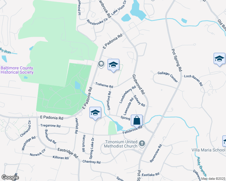 map of restaurants, bars, coffee shops, grocery stores, and more near 2523 Gainsford Road in Lutherville-Timonium