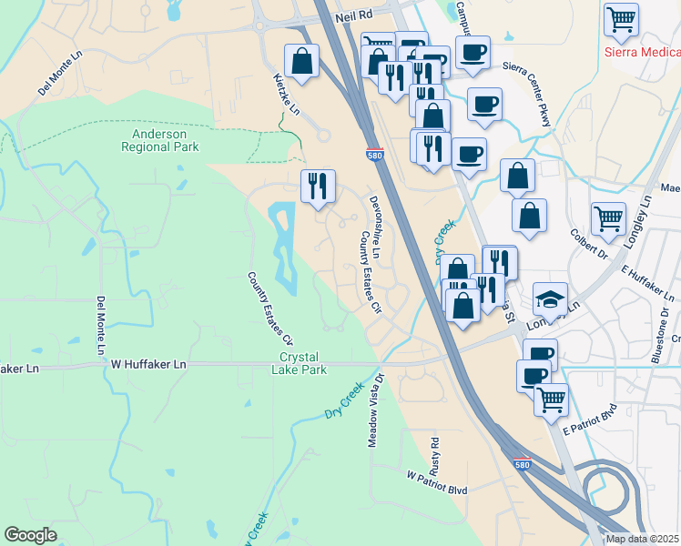 map of restaurants, bars, coffee shops, grocery stores, and more near 7473 Wheeldale Circle in Reno