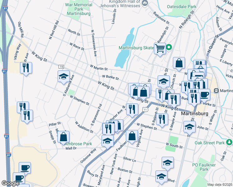 map of restaurants, bars, coffee shops, grocery stores, and more near 801 West King Street in Martinsburg