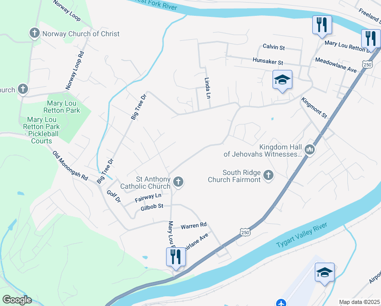 map of restaurants, bars, coffee shops, grocery stores, and more near 123 White Avenue in Fairmont