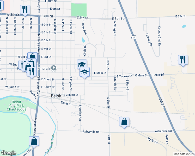 map of restaurants, bars, coffee shops, grocery stores, and more near 800-898 East Main Street in Beloit