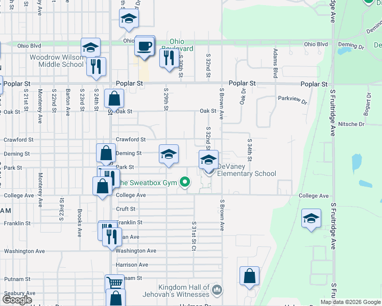 map of restaurants, bars, coffee shops, grocery stores, and more near 701-799 South 31st Street in Terre Haute