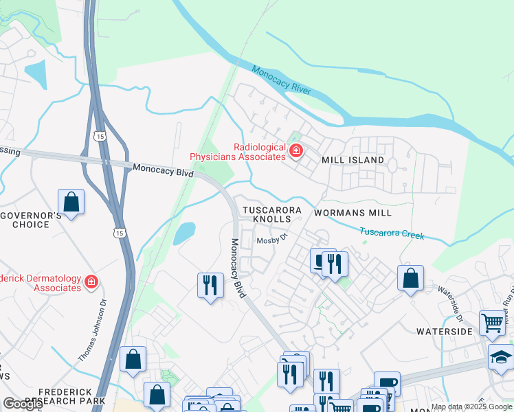 map of restaurants, bars, coffee shops, grocery stores, and more near 908 Jubal Way in Frederick