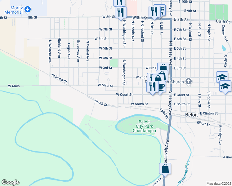 map of restaurants, bars, coffee shops, grocery stores, and more near 114 South Independence Avenue in Beloit