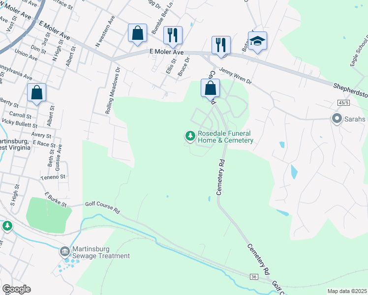 map of restaurants, bars, coffee shops, grocery stores, and more near 558 Fancy Filly Circle in Martinsburg