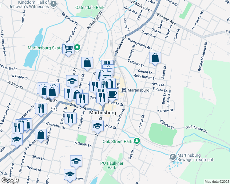 map of restaurants, bars, coffee shops, grocery stores, and more near 128 East Martin Street in Martinsburg
