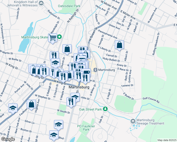 map of restaurants, bars, coffee shops, grocery stores, and more near 128 East Martin Street in Martinsburg